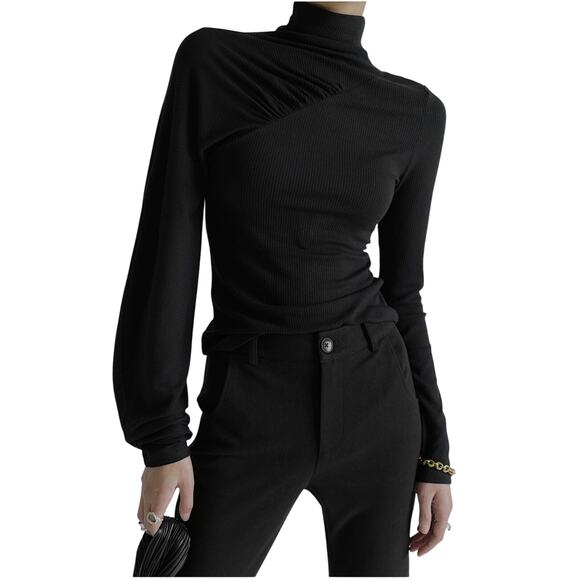 Chentaitai Black Stand Neck Asymmetric Long Sleeve Knit Top size Medium - Picture 2 of 16